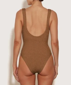 Hunza G V Neck-Celine Swim With Tonal Hoops - Metallic Cocoa