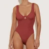Hunza G V Neck-Celine Swim With Tonal Hoops - Metallic Rosewood