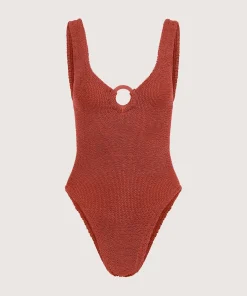 Hunza G V Neck-Celine Swim With Tonal Hoops - Metallic Rosewood