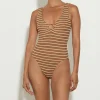 Hunza G V Neck-Celine Swim With Tonal Hoops - Metallic Cocoa/White Stripe
