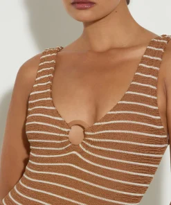 Hunza G V Neck-Celine Swim With Tonal Hoops - Metallic Cocoa/White Stripe