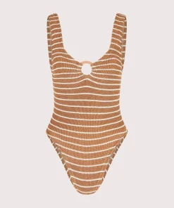 Hunza G V Neck-Celine Swim With Tonal Hoops - Metallic Cocoa/White Stripe