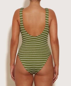 Hunza G V Neck-Celine Swim With Tonal Hoops - Metallic Moss/White Stripe