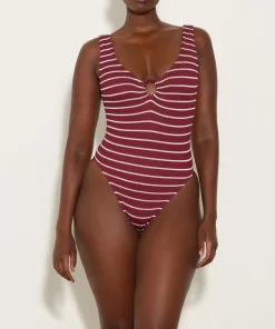 Hunza G V Neck-Celine Swim With Tonal Hoops - Wine/White Stripe