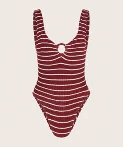 Hunza G V Neck-Celine Swim With Tonal Hoops - Wine/White Stripe