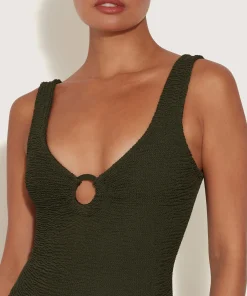 Hunza G V Neck-Celine Swim With Tonal Hoops - Metallic Khaki