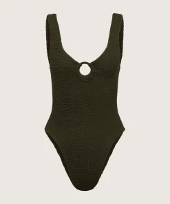 Hunza G V Neck-Celine Swim With Tonal Hoops - Metallic Khaki