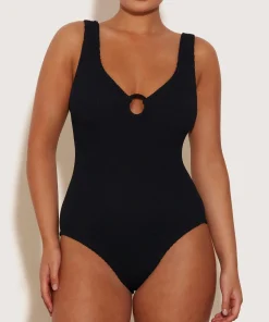 Hunza G V Neck-Coverage Celine Swim With Tonal Hoops - Black