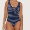 Hunza G V Neck-Coverage Celine Swim With Tonal Hoops - Navy/White Stripe