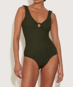 Hunza G V Neck-Coverage Celine Swim With Tonal Hoops - Metallic Khaki