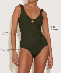 Hunza G V Neck-Coverage Celine Swim With Tonal Hoops - Metallic Khaki