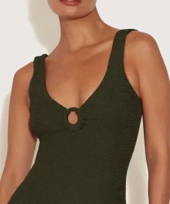 Hunza G V Neck-Coverage Celine Swim With Tonal Hoops - Metallic Khaki