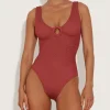 Hunza G V Neck-Coverage Celine Swim With Tonal Hoops - Metallic Rosewood