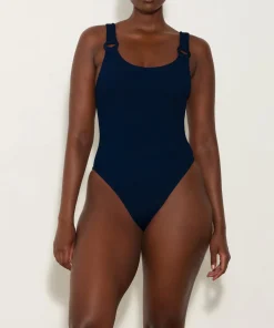 Hunza G Scoop Neck-Domino Swim With Tonal Hoops - Navy