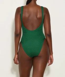 Hunza G Scoop Neck-Domino Swim With Tonal Hoops - Metallic Forest Green