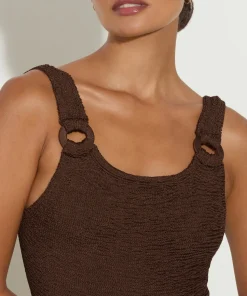 Hunza G Scoop Neck-Domino Swim With Tonal Hoops - Metallic Chocolate