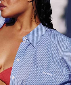 Hunza G Shirts And Tops-Embroidered Oversized Shirt - Blue Stripe