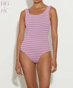 Hunza G Square Neck-X Helena Christensen Square Neck Stripe Swim - Lavender/White