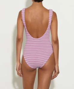 Hunza G Square Neck-X Helena Christensen Square Neck Stripe Swim - Lavender/White