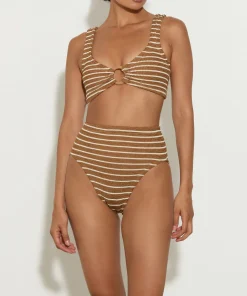Hunza G Bikini Sets|Bralette-Nadine Bikini With Tonal Hoops - Metallic Cocoa/White Stripe