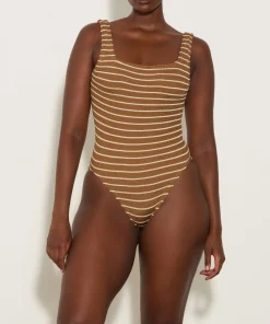 Hunza G Square Neck-Square Neck Swim - Metallic Cocoa/White Stripe