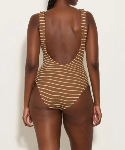 Hunza G Square Neck-Square Neck Swim - Metallic Cocoa/White Stripe