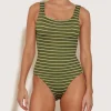 Hunza G Square Neck-Square Neck Swim - Metallic Moss/White Stripe